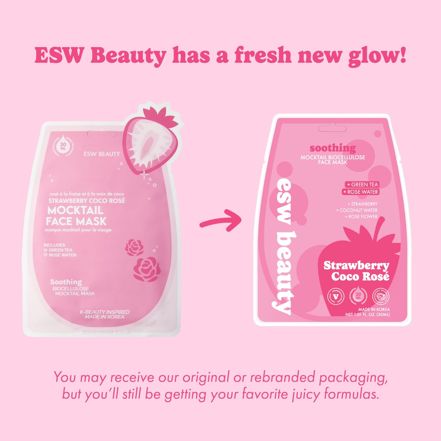 ESW Beauty Strawberry Coco Rosé Soothing Face Mask - Hydrating, Calming, Vegan Face Mask with Coconut Water, Green Tea, & Strawberry Extract for Sensitive Skin