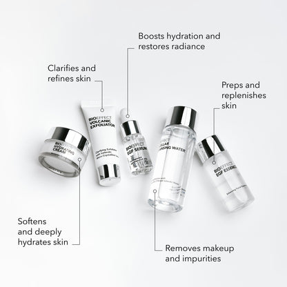 BIOEFFECT On-the-Go EGF Skincare Set | Age-Defying TRAVEL KIT with Growth Factor Serum, Hydrating Cream, Essence Toner, Micellar Cleanser & Volcanic Exfoliator
