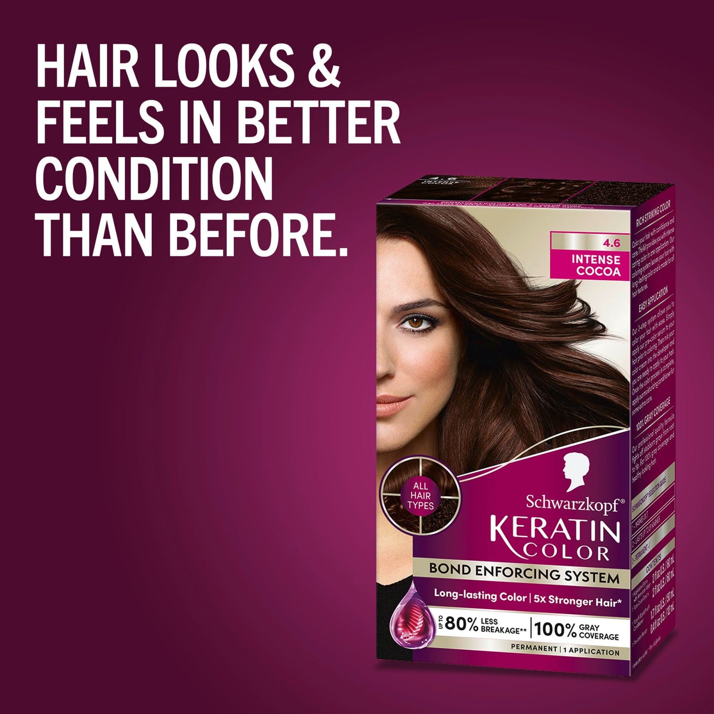 Schwarzkopf Keratin Permanent Hair Dye Cream, 4.6 Intense Cocoa, Professional Quality Color for Up to 100% Gray Coverage, Bond Enforcing System