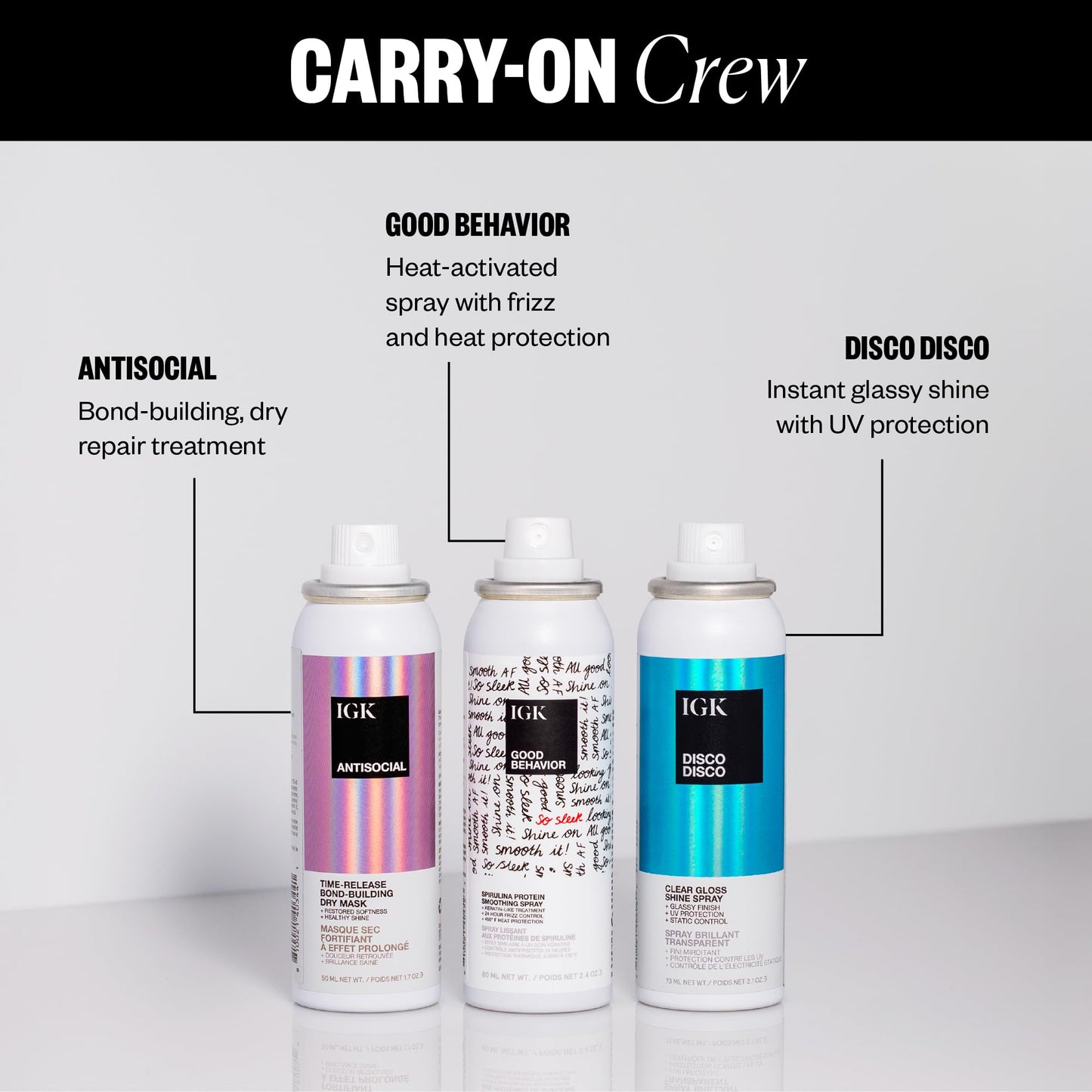 IGK Must Have Travel Kit Holiday 2025 – Includes GOOD BEHAVIOR Smoothing Spray, DISCO DISCO Shine Spray & ANTISOCIAL Dry Hair Mask – TSA Approved Travel Size Hair Essentials
