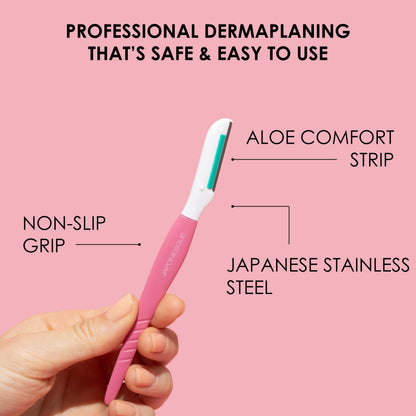 JAPONESQUE Dermaplaner with Soothing Aloe Comfort Strip - Skin Tool with Ultra Precision Blade for Facial Hair Removal and Exfoliation, 3pk.