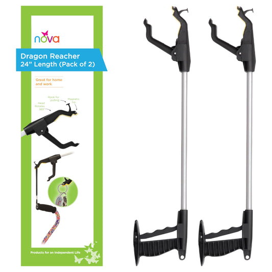 NOVA Reacher Grabber Tool for Seniors – 24” Lightweight Pick Up Stick with Rotating Claw, Magnetic Tip & Hook, Easy-Grip Handle, Daily Living Aid for Limited Mobility, 2-Pack
