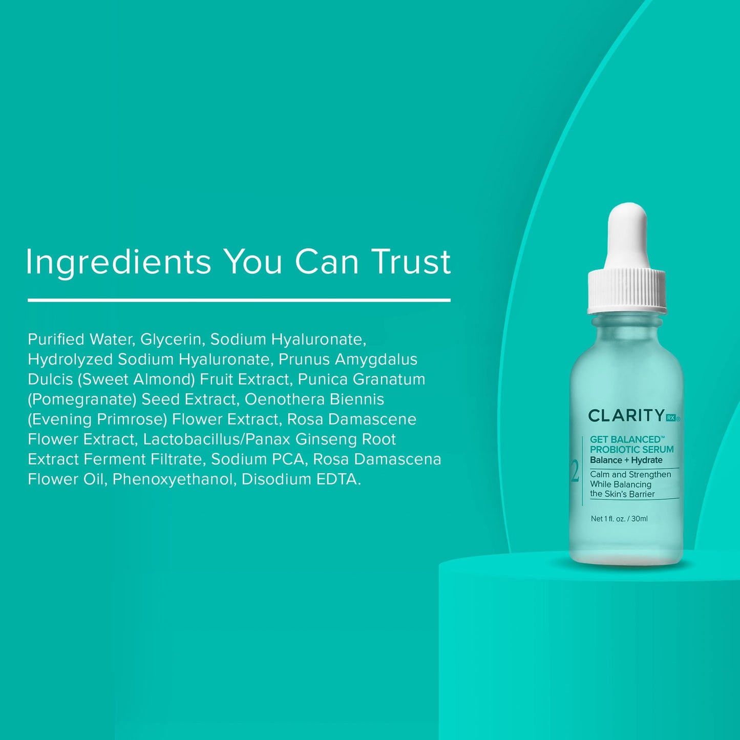 ClarityRx Get Balanced Probiotic Hydrating Face Serum, Natural Plant-Based Skin-Balancing Treatment with Hyaluronic Acid & Antioxidants for Normal & Aging Skin