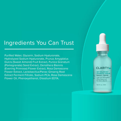 ClarityRx Get Balanced Probiotic Hydrating Face Serum, Natural Plant-Based Skin-Balancing Treatment with Hyaluronic Acid & Antioxidants for Normal & Aging Skin