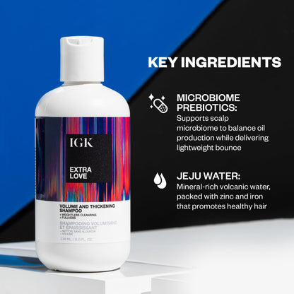 IGK EXTRA LOVE Volume & Thickening Shampoo | Volumizing Shampoo for Fine, Thin Hair | Hydrates + Supports Scalp Care | Vegan + Cruelty Free | 8 oz