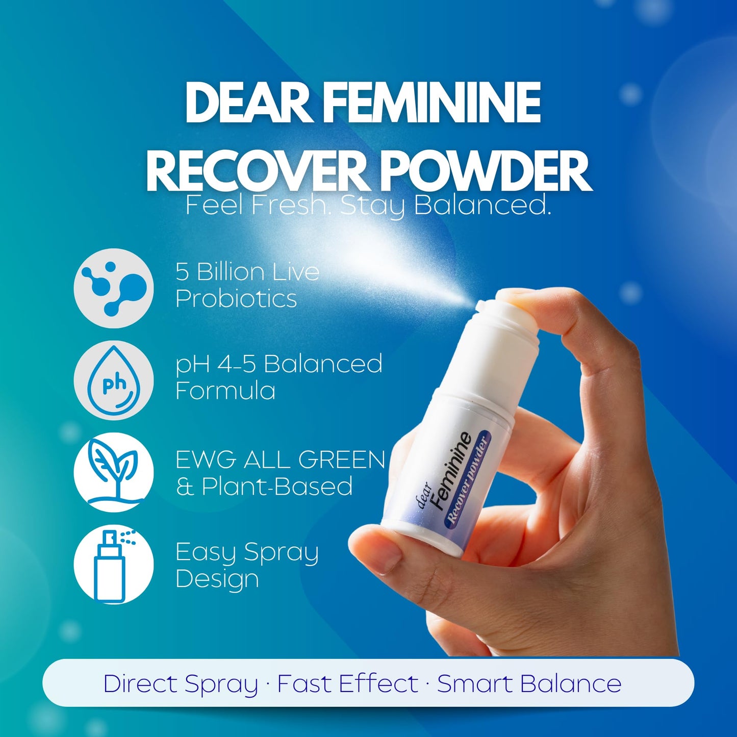 Dear Feminine Recover Powder – Feminine Probiotic Mist Powder for Y-Zone Care – Direct Spray for pH Balance, Freshness & Odor Control – 5 Billion Live Probiotics & Plant-Based Formula (0.12oz)