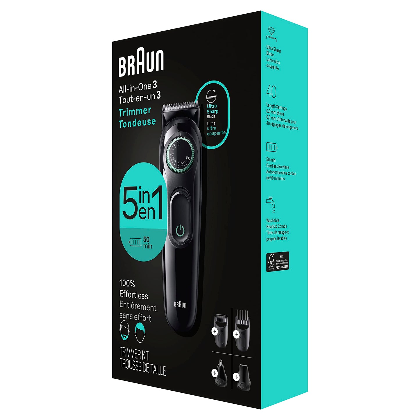 Braun All-In-One Style Kit Series 3 3450, 5-in-1 Trimmer for Men with Beard Trimmer, Ear & Nose Trimmer, Hair Clippers & More, Ultra-Sharp Blade, 40 Length Settings and Washable