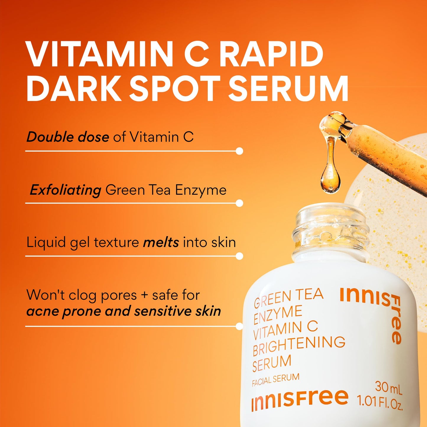Innisfree Green Tea Enzyme Vitamin C Serum for Brightening Dark Spot Correction, Korean Face Serum for Radiant Glow