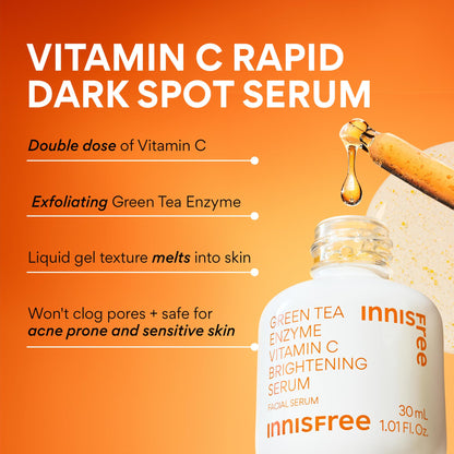 Innisfree Green Tea Enzyme Vitamin C Serum for Brightening Dark Spot Correction, Korean Face Serum for Radiant Glow