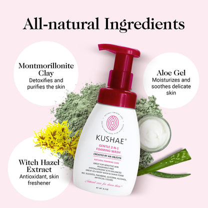 Kushae Feminine Hygiene Care Bundle - 2-in-1 Gentle Foaming Wash to Balance pH & Maintain Freshness - Feminine Deodorant Stick for Odor Protection - OB/GYN Made, All-Natural, Made in USA