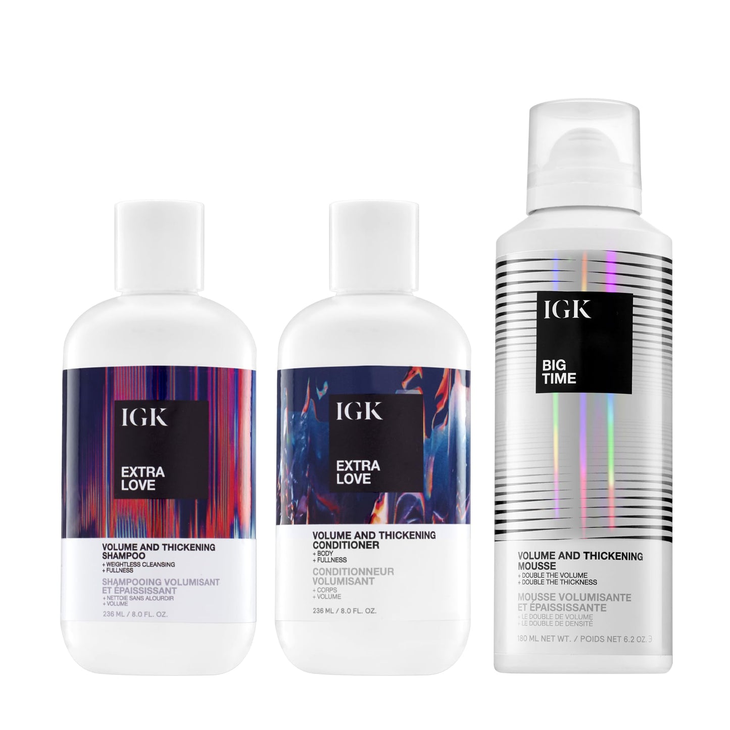 IGK Extra Love Shampoo + Extra Love Conditioner + Big Time Volume & Thickening Mousse – Hair Cleansing, Hydrating & Volumizing Trio – Vegan & Cruelty-Free