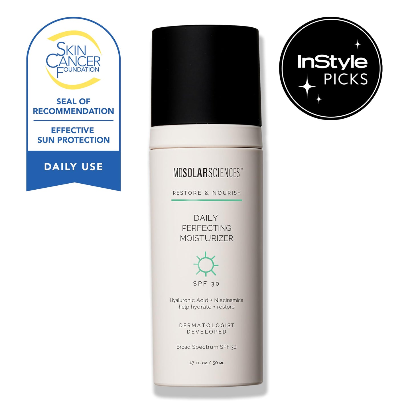 MDSolarSciences Daily Perfecting Moisturizer SPF 30, 2-in-1 Face Moisturizer and Sunscreen Hydrates and Perfects Skin with Hyaluronic Acid, Broad Spectrum Protection, 1.7 Oz