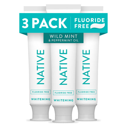 Native Fluoride Free Toothpaste, Whitening - for Adult, Kids 2+ Oral Care - Wild Mint & Peppermint Oil Flavor, 4.1oz (Pack of 3)