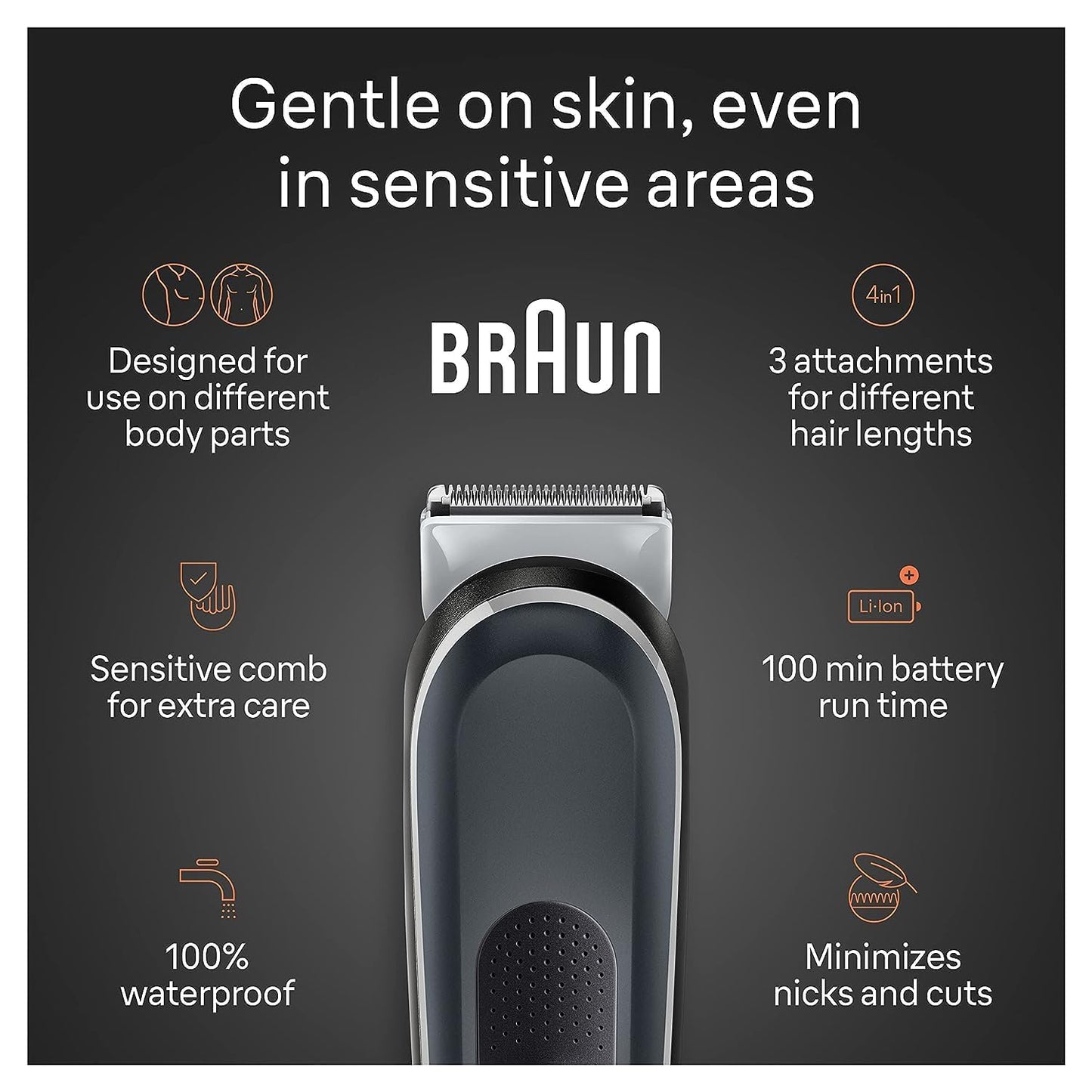 Braun Body Groomer 5 for Men, BG5340, Manscaping Tool, SkinShield Technology, Sensitive Comb, Lifetime Sharp Metal Blade, Body Groomer for Men, Gray/White