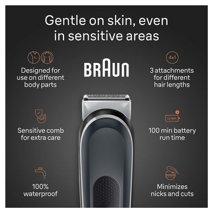 Braun Body Groomer 5 for Men, BG5340, Manscaping Tool, SkinShield Technology, Sensitive Comb, Lifetime Sharp Metal Blade, Body Groomer for Men, Gray/White