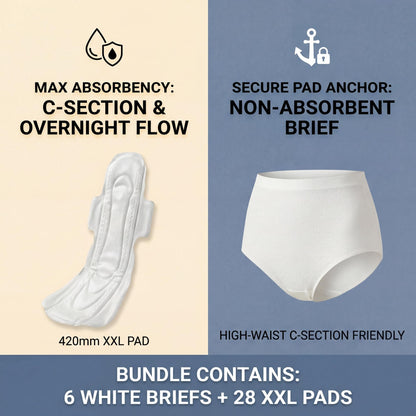 Postpartum Recovery Bundle — 420mm XXL Overnight Pads (28ct) + Disposable Briefs Pad Holder | 17x Drier Than Organic Cotton, pH 4.5 Balanced, Plant-Based C-Section & Heavy Flow Kit, Unscented