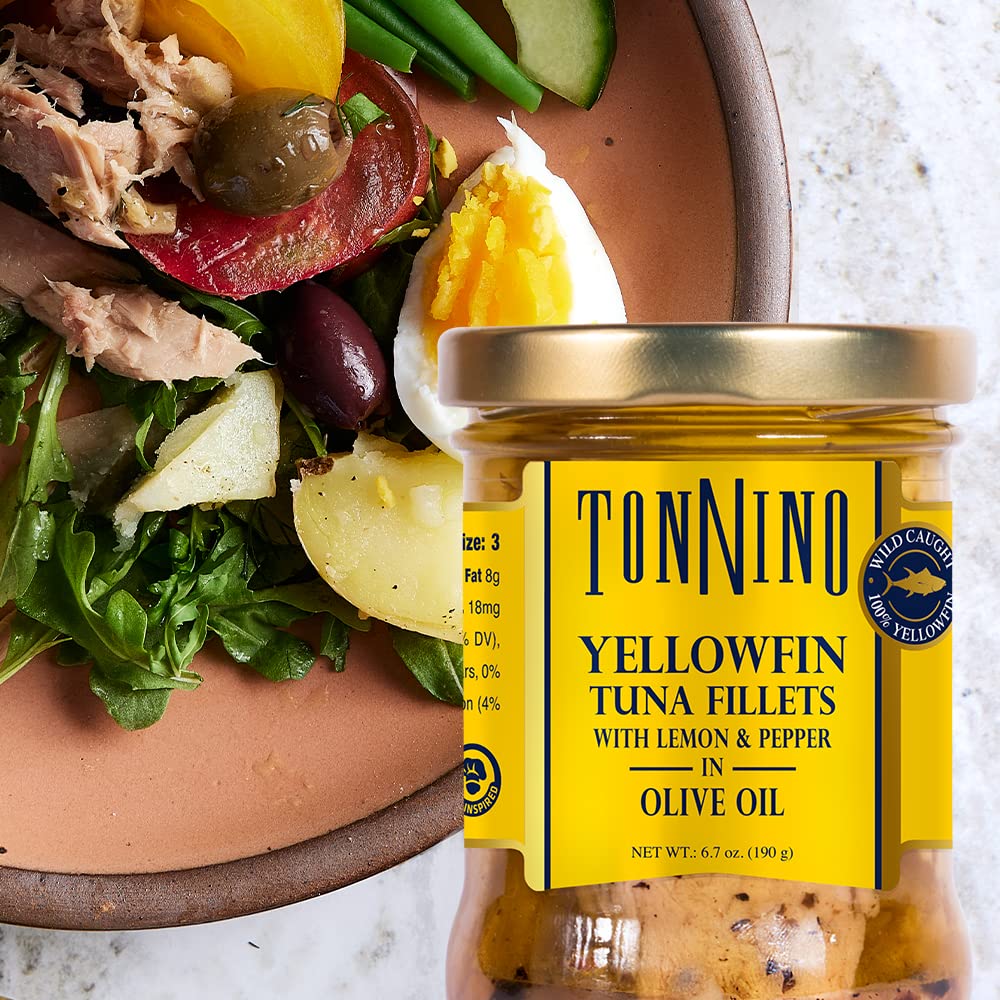 Tonnino Yellowfin Tuna Fish – Lemon Pepper in Olive Oil – Pack of 6 – Alternative to Salmon – Protein Snacks – Ready to Eat Meals