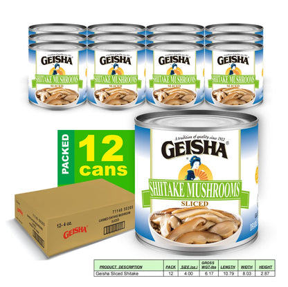 GEISHA Shiitake Mushrooms Sliced 4OZ. (Pack of 12), Shiitake | Halal Certified － NON-GMO － Gluten Free－Good Source of Fiber－Rich in Iron－Only 30 Calories per Container
