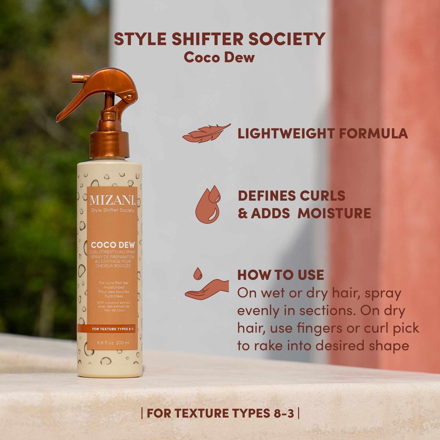 Mizani Style Shifter Society Coco Dew Curl (P) restyling Spray with Coconut Oil, Curl Refreshing Spray, Anti Frizz, Leave In Moisturizer, Silicone-Free
