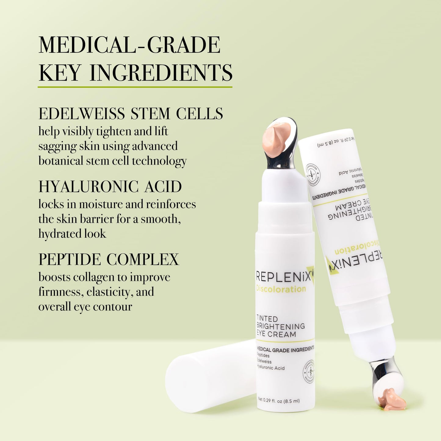 Replenix Anti-Aging Tinted Brightening Eye Cream, 0.29 Fl Oz, Medical Grade Hyaluronic Acid Under Eye Cream, Helps Blur Dark Circles, Fine Lines & Hyperpigmentation, All Skin Types