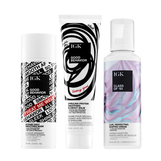 IGK Good Behavior Bonding Mask + Good Behavior Blow Out Balm + Class of ’93 Texture & Hold Cream – Hair Repair & Styling Trio for Frizz Control, Smoothness & Shine – Vegan & Cruelty-Free