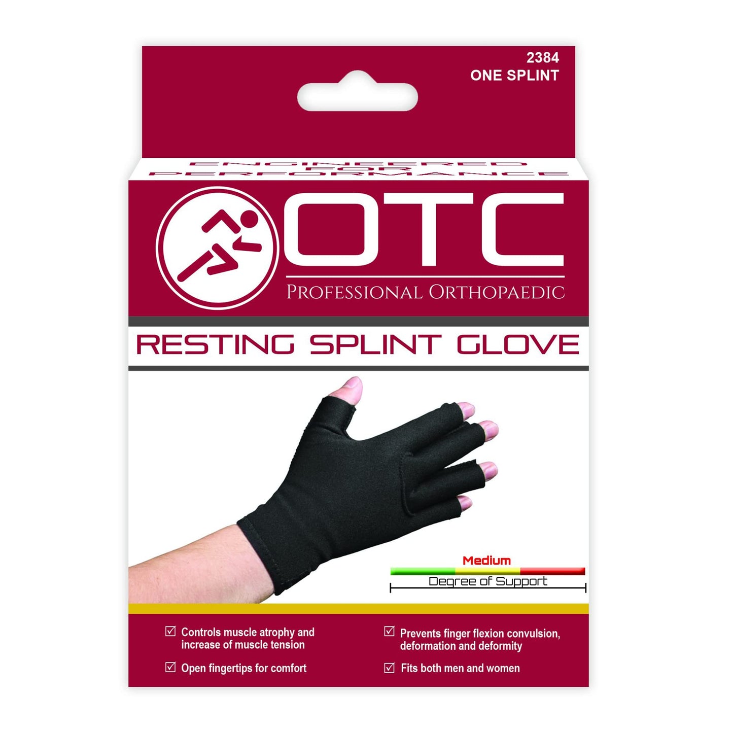 OTC Resting Splint Glove, 5 Finger Semi-Rigid Splints, Open Tips, Black, Right Hand, Large