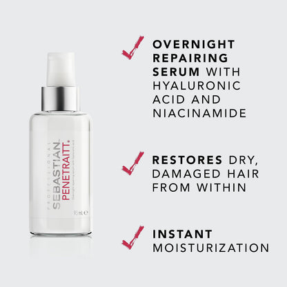 Sebastian Professional Penetraitt Overnight Repair Serum with Hyaluronic Acid & Niacinamide | Moisturizing Leave-in Treatment for Dry, Damaged Hair | 3.2 fl oz