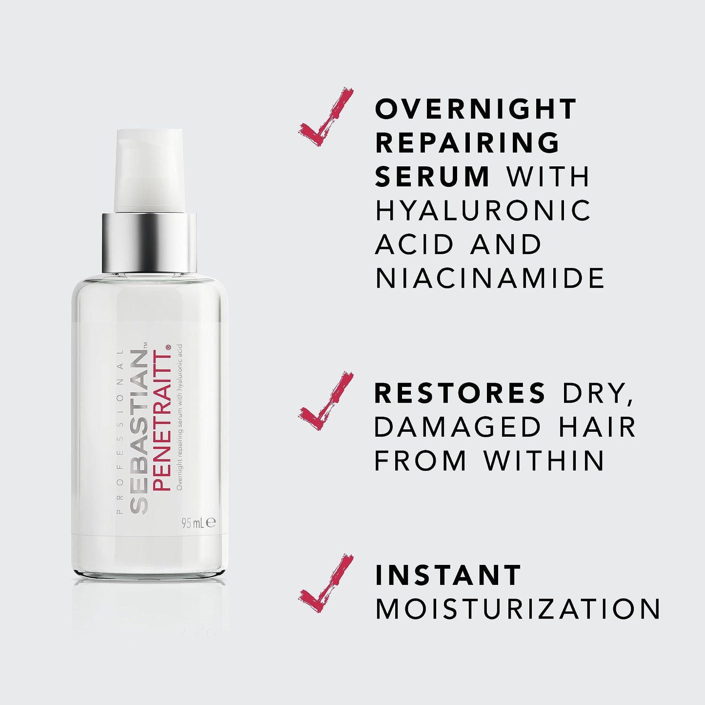 Sebastian Professional Penetraitt Overnight Repair Serum with Hyaluronic Acid & Niacinamide | Moisturizing Leave-in Treatment for Dry, Damaged Hair | 3.2 fl oz