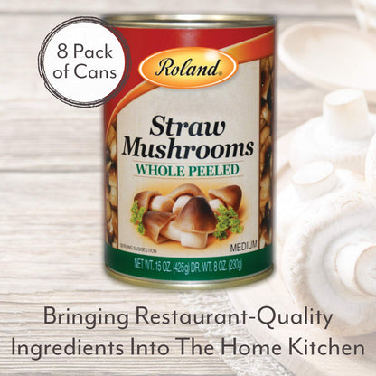 Roland Foods Whole Peeled Straw Mushrooms, Specialty Imported Food, 15 Ounce Can, Pack of 8