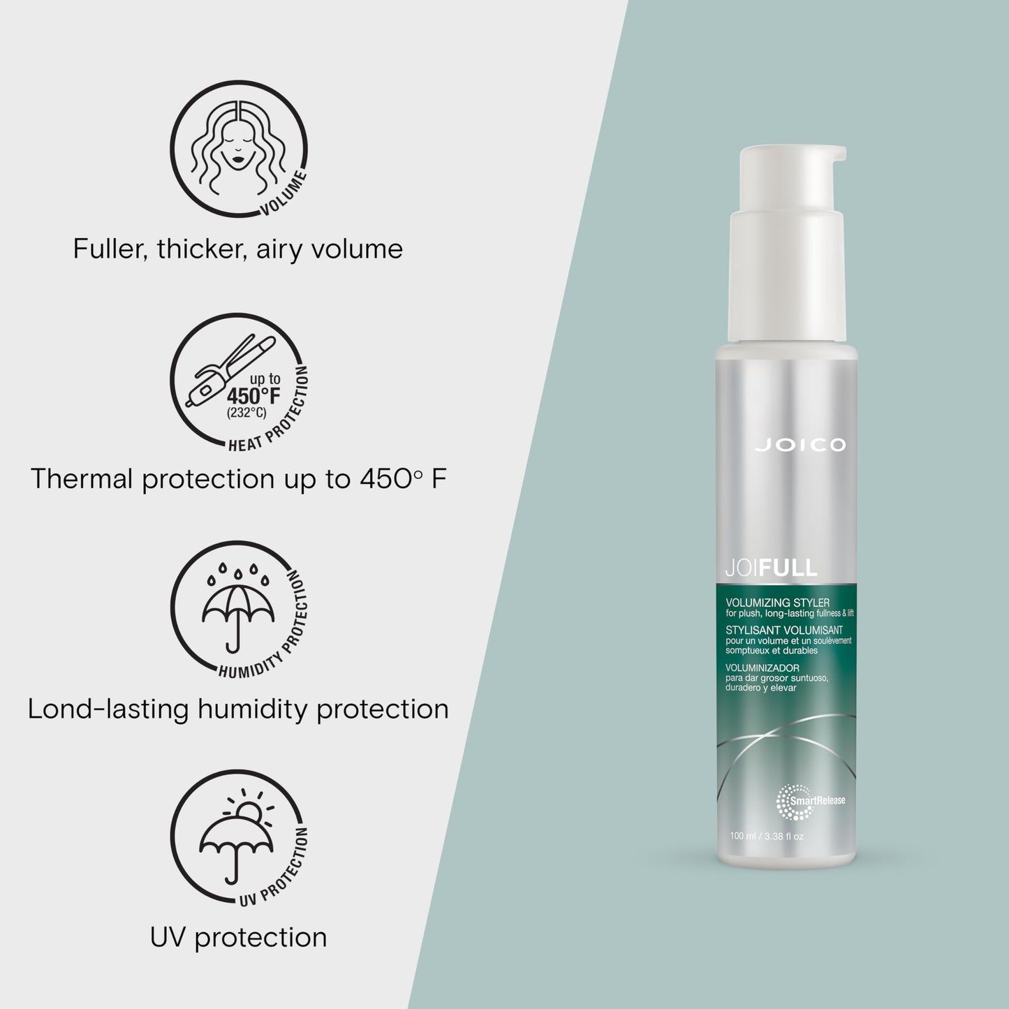JoiFULL Volumizing Styler | For Fine, Thin Hair | Add Instant Body | Long-Lasting Volume & Texture | Protect Against Pollution | With Rice Protein & Bamboo Extract | 3.38 Fl Oz