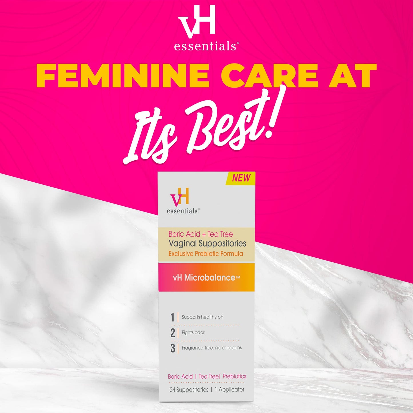 vH Essentials Boric Acid and Tea Tree Vaginal Suppositories - Prebiotics Formula with Lactic Acid - PH Balance, Odor Control, Feminine Care - 24 Suppositories and Applicator, White, 2.4 Ounces