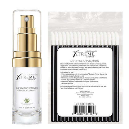 Xtreme Lashes Mini Cleansing Kit, Eye Makeup Remover & Facial Cleanser Liquid Pump 0.5 Fl Oz, 25 Lint Free Applicators, Lash Extension Safe, Travel Friendly, TSA Compliant
