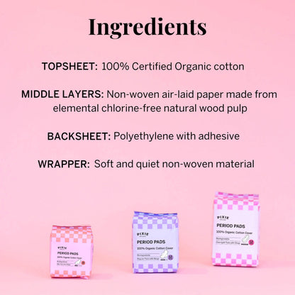 Pixie Organic Cotton Ultra Thin Pads with Wings for Women - Leak-Proof & Moisture-Wicking for Feminine Care - Compostable, Unscented Menstrual Pads - Regular Absorbency - FSA Eligible - 48 Count