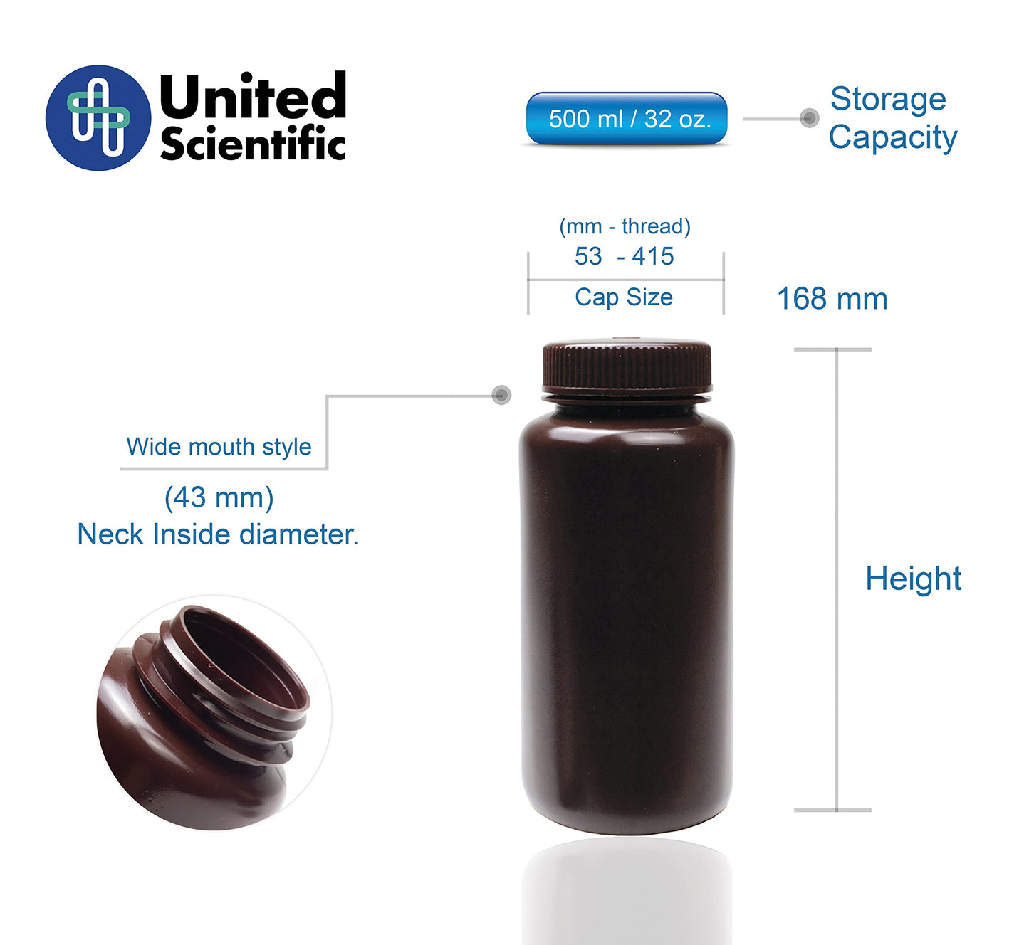 United Scientific® - Sample Containers with Lids - Amber HDPE Wide Mouth Reagent Bottle - Chemical Container - 16 oz Bottles (500mL) Multi-Purpose Plastic Bottles with Lids, Pack of 12