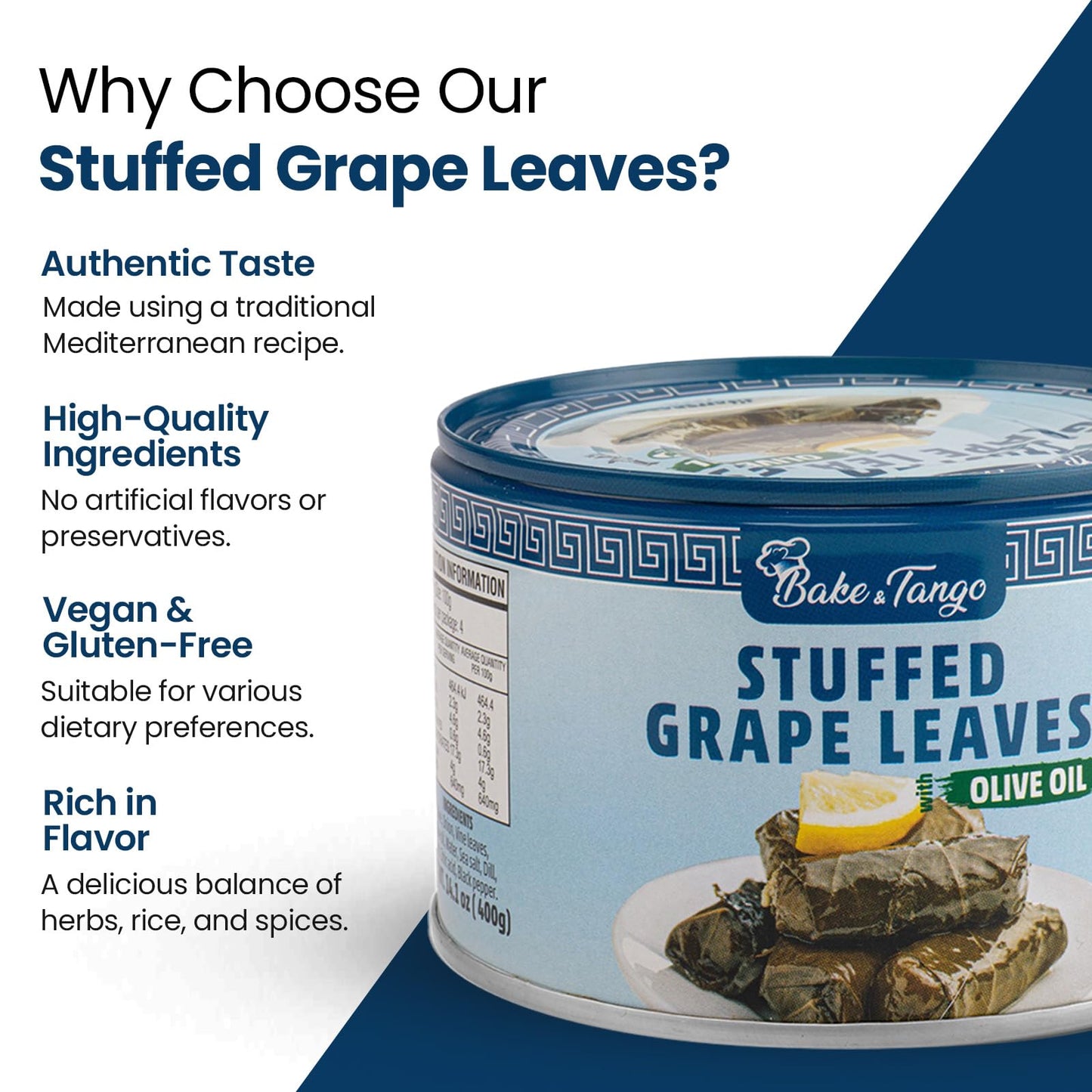 Bake and Tango - Stuffed Grape Leaves with Olive Oil, Kosher, Vegan, 14.1 oz (Pack of 3) | Gourmet Mediterranean Delight | Ready-to-Eat Vegan Snack