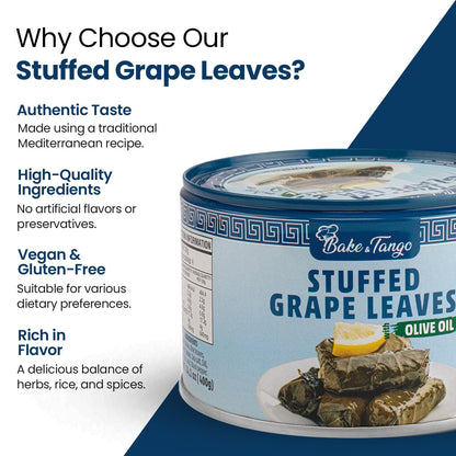 Bake and Tango - Stuffed Grape Leaves with Olive Oil, Kosher, Vegan, 14.1 oz (Pack of 3) | Gourmet Mediterranean Delight | Ready-to-Eat Vegan Snack