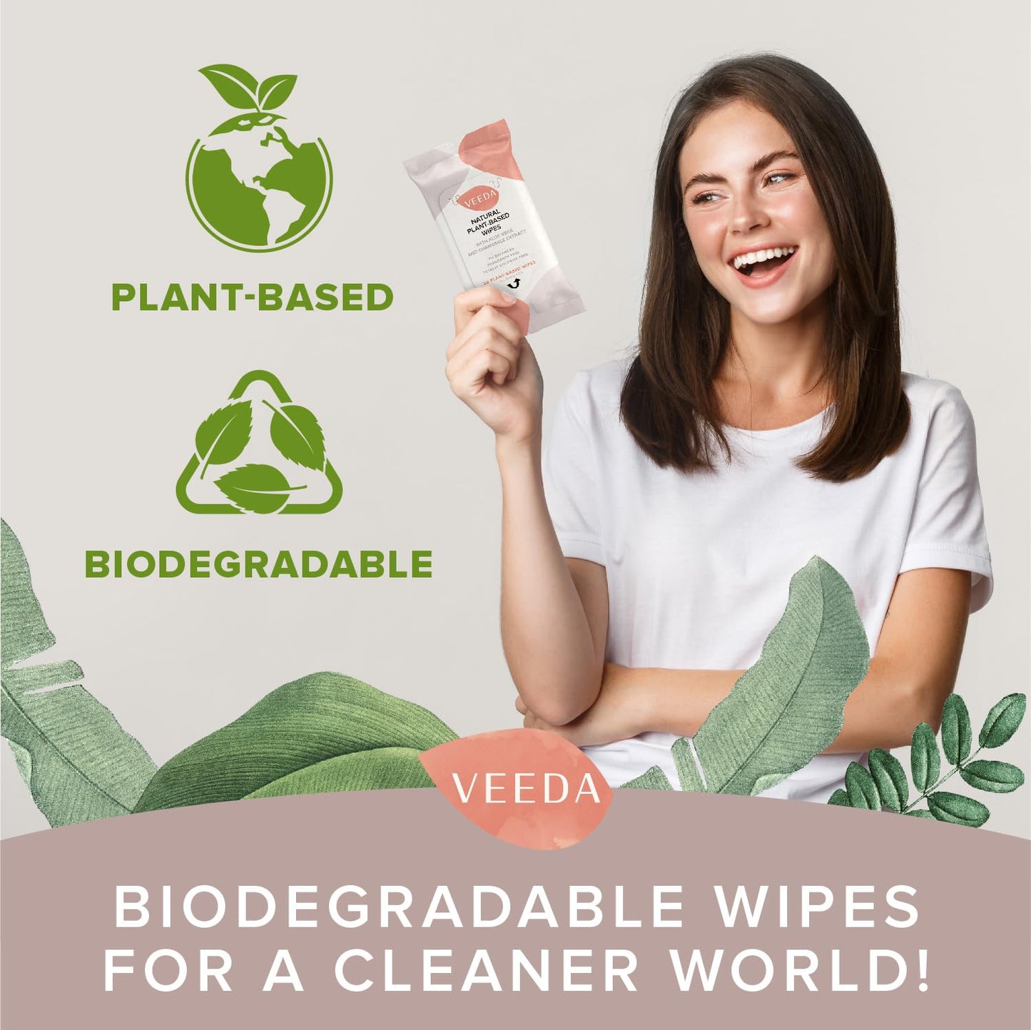 Veeda Plant-Based Feminine Wipes – pH-Balanced, Hypoallergenic & Biodegradable Wipes for Sensitive Skin, Fragrance-Free Travel Sized Wipes – 120 Count