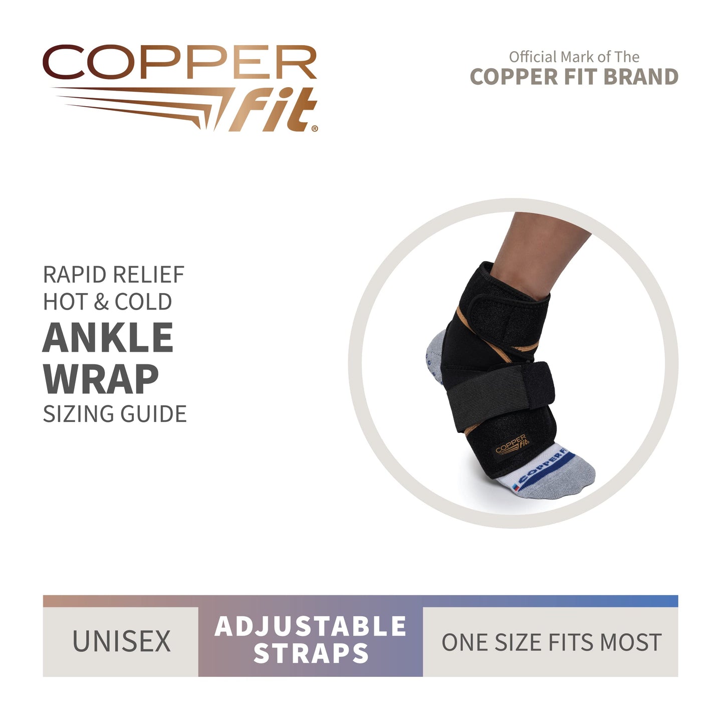 Copper Fit unisex adult Rapid Relief & Hot/Cold Ankle Foot Wrap with Hot Cold Pack, Black, One Size Fits Most US