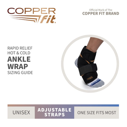 Copper Fit unisex adult Rapid Relief & Hot/Cold Ankle Foot Wrap with Hot Cold Pack, Black, One Size Fits Most US
