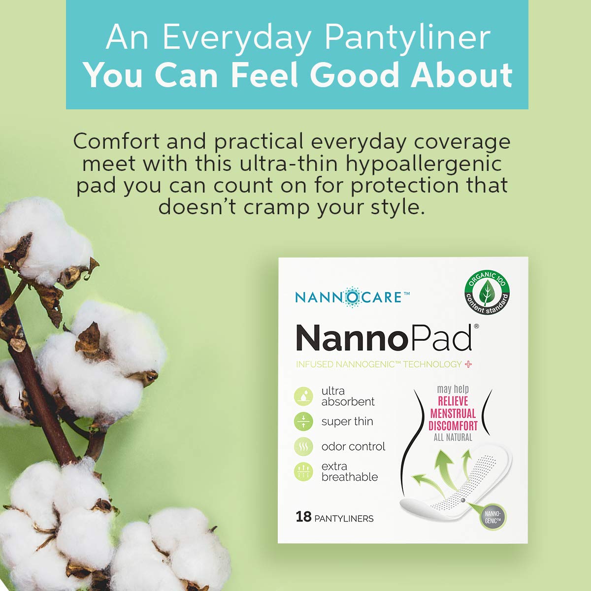 Pantyliners - Made with Organic Cotton (18 Count (Pack of 1)) Nannocare