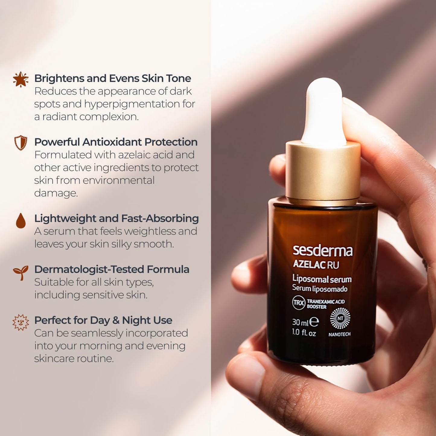 Sesderma AZELAC RU Liposomal Facial Serum 1.0 fl. Oz for Sun Spots, Age Spots and Hyperpigmentation