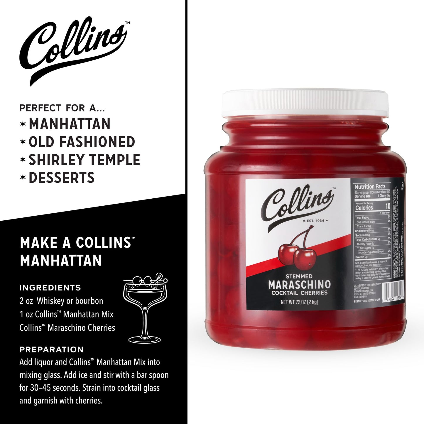 Collins 72 oz Stemmed Maraschino Cherries, Bulk Cocktail Garnish for Mocktails, Desserts and Ice Cream Sundaes, Bright Red Cherries with Stems for Party Supply, Food Service & Bars, 4.5 Pound Jar