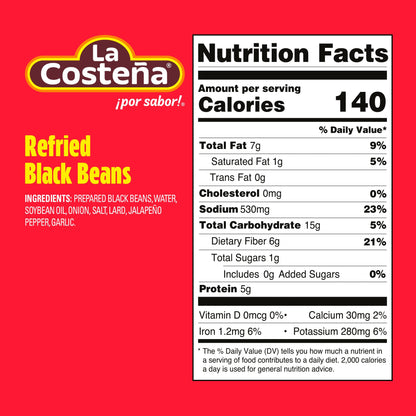 La Costeña Refried Black Beans - Ready-to-Eat Canned Refried Beans for Mexican Food, Mexican Rice, Nacho Bean Dip, Bean Burrito, Burger, Carne Asada, Fajita & Taco Seasoning - 20.5oz, 6 Pack Cans