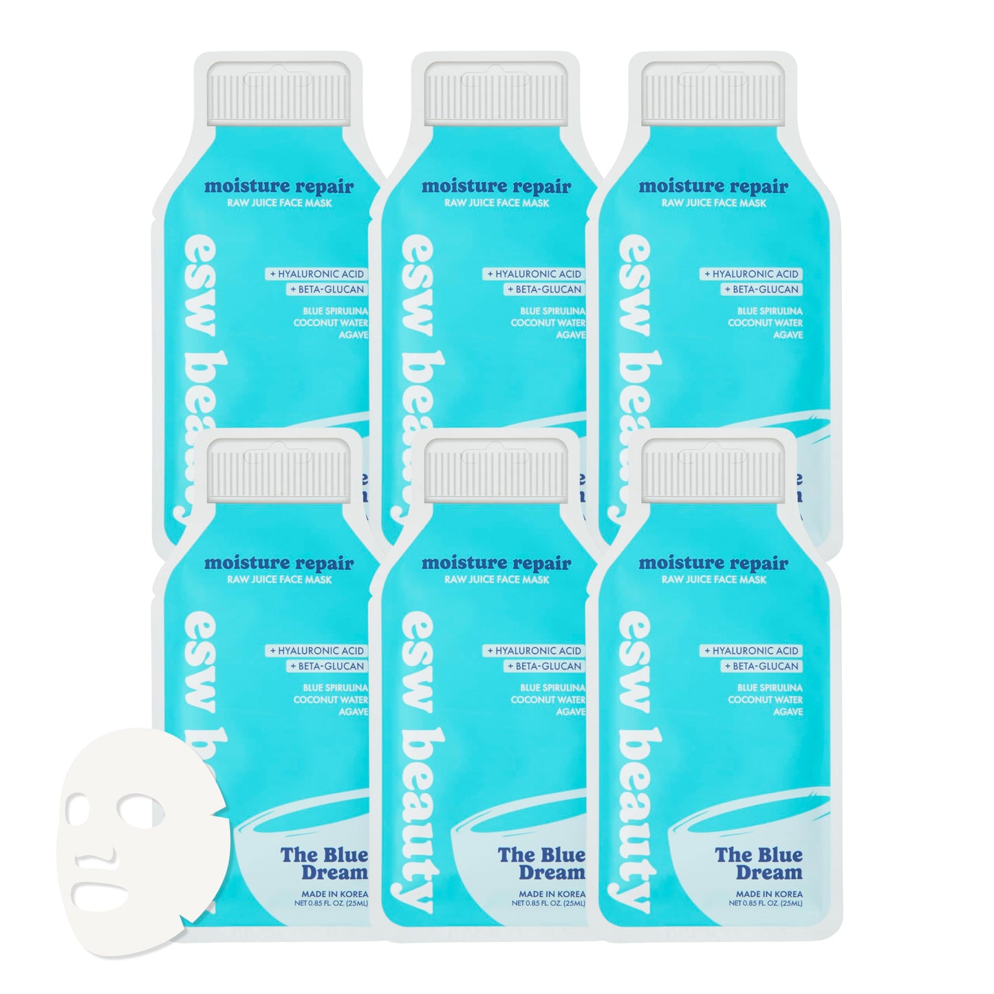ESW Beauty The Blue Dream - Moisture Repair Raw Juice Face Mask (6-Pack) - Hydrating with Blue Spirulina, Coconut Water & Agave for Dry, Sensitive Skin - Replenishes & Fights Aging