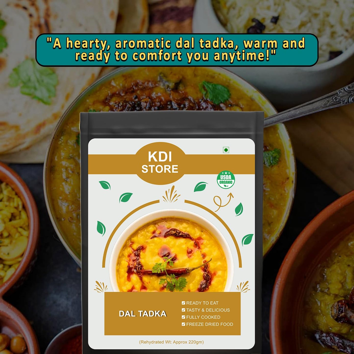 KDI Store Dal Tadka, Ready to Eat Indian Lentil Curry, USDA Organic, Freeze Dried, Fully Cooked, 55g