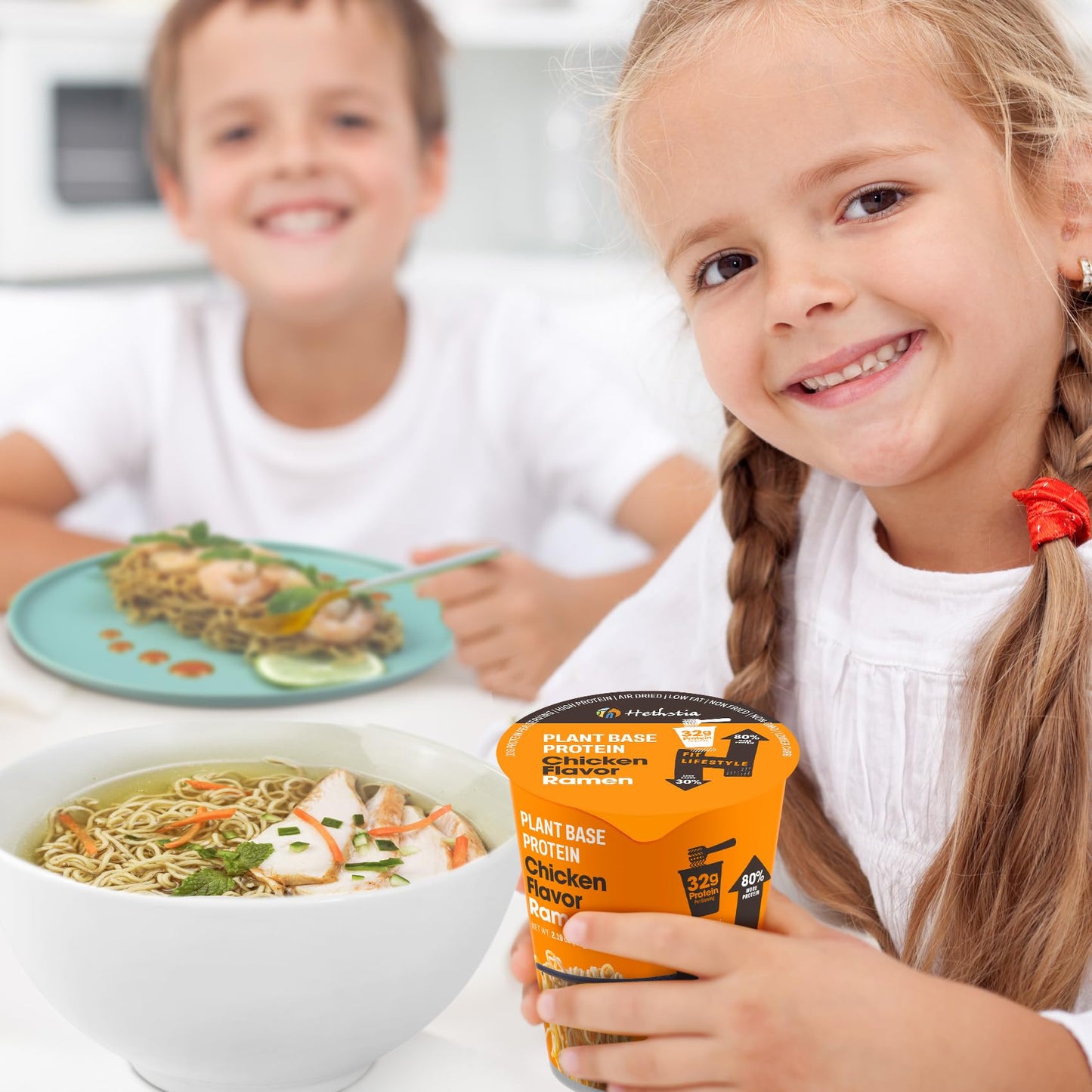 Hethstia Protein Ramen, Chicken Flavor Pre-Packaged Ramen Soup Cup, 6-Pack Instant High-Protein Noodles with 32g Plant Protein, Vegan, Low Fat, Air-Dried, Non-GMO, Healthy Quick Meal
