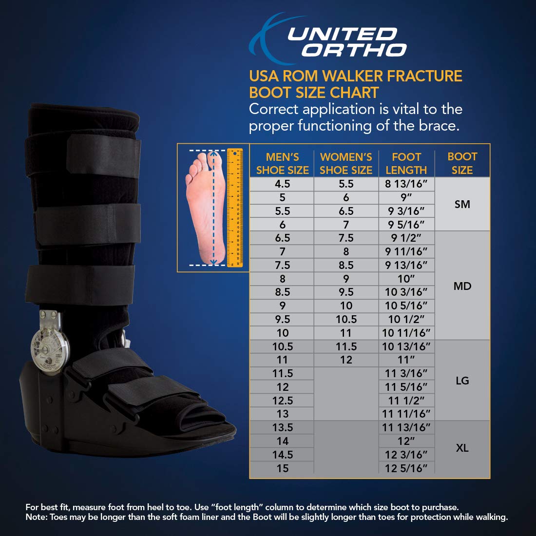 United Ortho 12205 Range of Motion Standard Walking Boot, Medium, Black