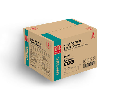 Basic Vinyl Exam Gloves- 4 mil Safty Glove Latex-Free & Powder-Free, SGBE 8001 Synmax Disposable Medical Glove Small (Case of 1000, Black)