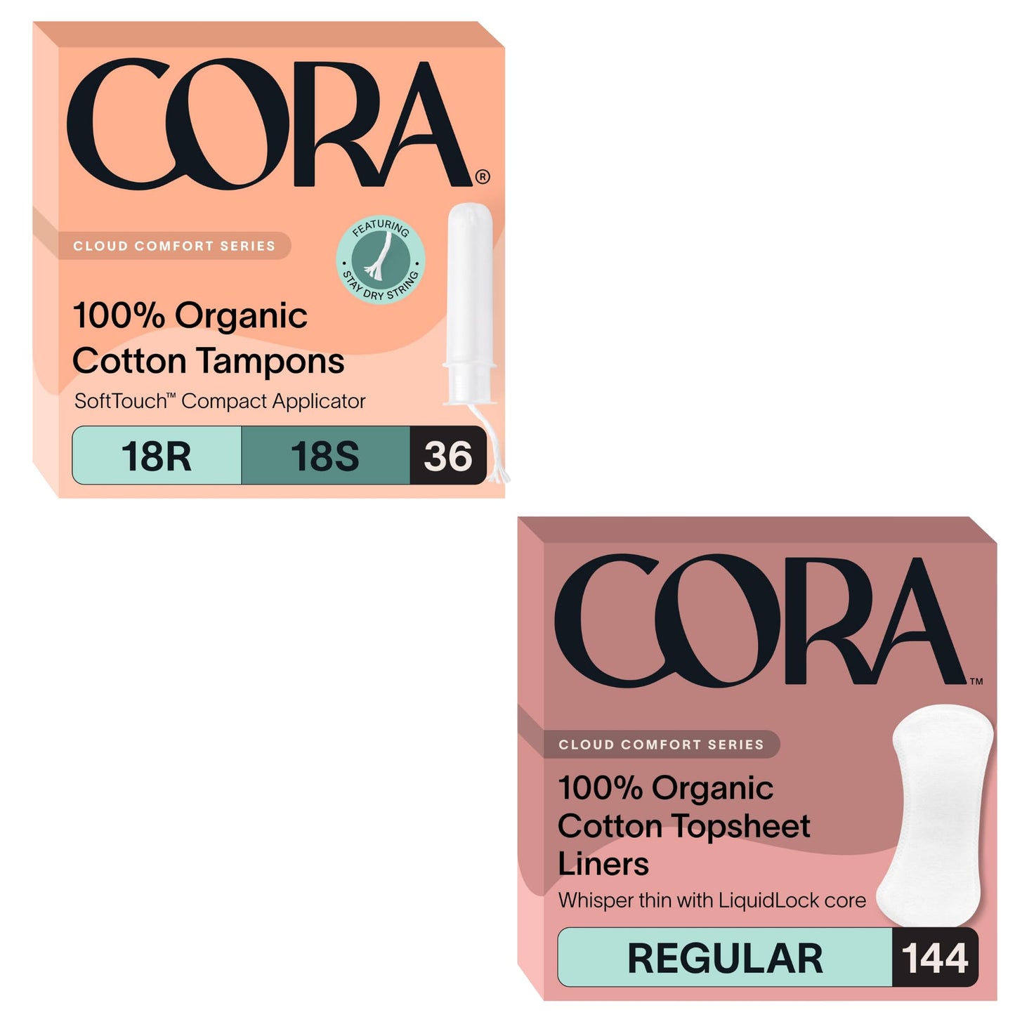 Cora Organic Feminine Care | Applicator Tampon Multipack and Regular No Wings Liners | Ultra-Absorbent, Unscented, Natural, Non-Toxic | 180 Total | Bundle Pack