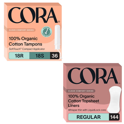 Cora Organic Feminine Care | Applicator Tampon Multipack and Regular No Wings Liners | Ultra-Absorbent, Unscented, Natural, Non-Toxic | 180 Total | Bundle Pack